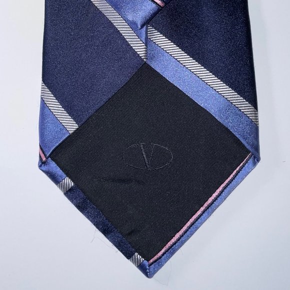 Valentino Garavani Valentie Striped Silk Tie | Saks Fifth Avenue Silk Valentino Tie - Blue Diagonal Stripes - EUC